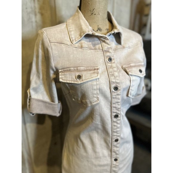 The Wash Lab Fitted Cream Distressed Denim Button Down Mini Dress Size XS - Picture 3 of 7